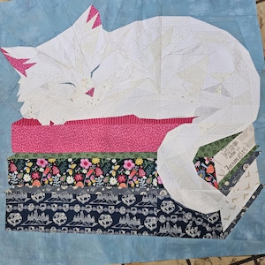 May include: A foundation paper pieced quilt block featuring a white cat sleeping on a stack of books. The books have patterns including pink leopard print, colorful flowers with mushrooms, and a dark blue print with castle crests and the text Farmgirl.