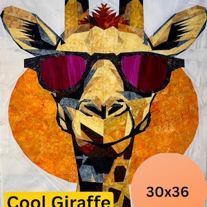 Puede incluir: Una jirafa colorida con gafas de sol, sobre un fondo naranja brillante. El texto dice "Cool Giraffe" y "foundation paper piecing pattern". Las dimensiones son 76 x 91 cm.