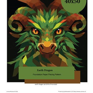 Könnte beinhalten: Geometrische Illustration eines Erd-Drachen, in Grün-, Braun- und Orangetönen. Das Design enthält den Text "Earth Dragon" und "Foundation Paper Piecing Pattern". Ein grüner Kreis zeigt die Maße 101x127 cm an.