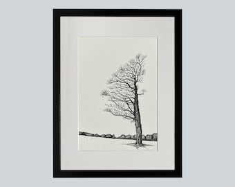 Wilshaw Tree Original Framed Ink Drawing. Detailed Illustration, Fine Line Dramatic Composition