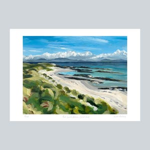 May include: An original landscape painting depicts a coastal scene with a white sandy beach, turquoise water, and green vegetation. The sky is a bright blue with white clouds. The artwork is signed and numbered.