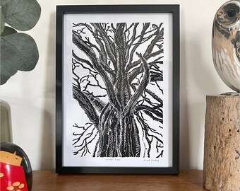 Winter Tree - A4 Lino Print | Black and White