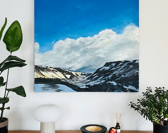 Sunset Over Snowy Dovestone Reservoir Original large acrylic painting on deep edge gallery wrapped canvas