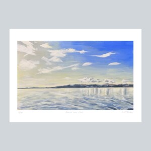 May include: An original landscape painting depicts a serene scene of a body of water reflecting a cloudy sky. The artwork features a gradient of blue and white hues, with the text "Sunset and Mist" and the artist's signature.