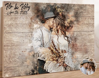 Valentines Day Gift for Him Couple Gift Custom Portrait Wood Home Decor Personalized Gift for Her Engraved Photo Sign Watercolor Wall Art