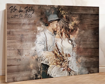 Watercolor Couple Portrait from Photo, Custom Wedding Anniversary Gift for Wife Husband Parents, Engagement Gift for Friend, Unique Wall Art
