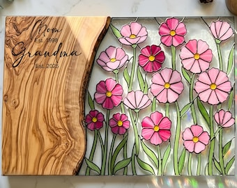 Personalized Mothers Day Gift For Grandma from Grandkids Charcuterie Board Wildflower Stained Glass Wood Look Cutting Board Wedding Gift