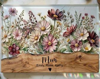 Personalized Mothers Day Gift For Mom From Daughter Charcuterie Board Wildflower Glass Wood Look Cutting Board Wedding Bridal Shower Gift