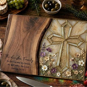 Personalized Charcuterie Board Christian Cross Glass Wood Look Cutting Board Wedding Gift for Couple Prayer Engagement Gift Anniversary Gift