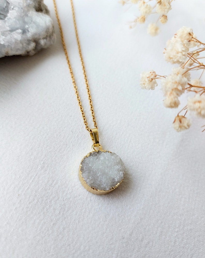 Druzy agaat ketting goldplated stainless steel ketting met edelstenenhanger afbeelding 2