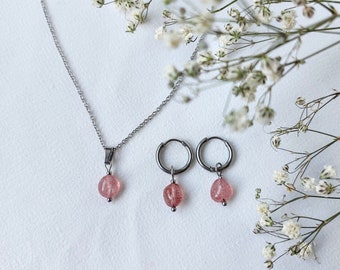 Sieradenset Aardbeikwarts | Oorbellen Ketting | Handgemaakte sieraden met edelstenen | RENS Sieraden