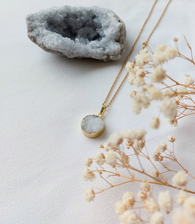 Druzy agaat ketting goldplated stainless steel ketting met edelstenenhanger afbeelding 3