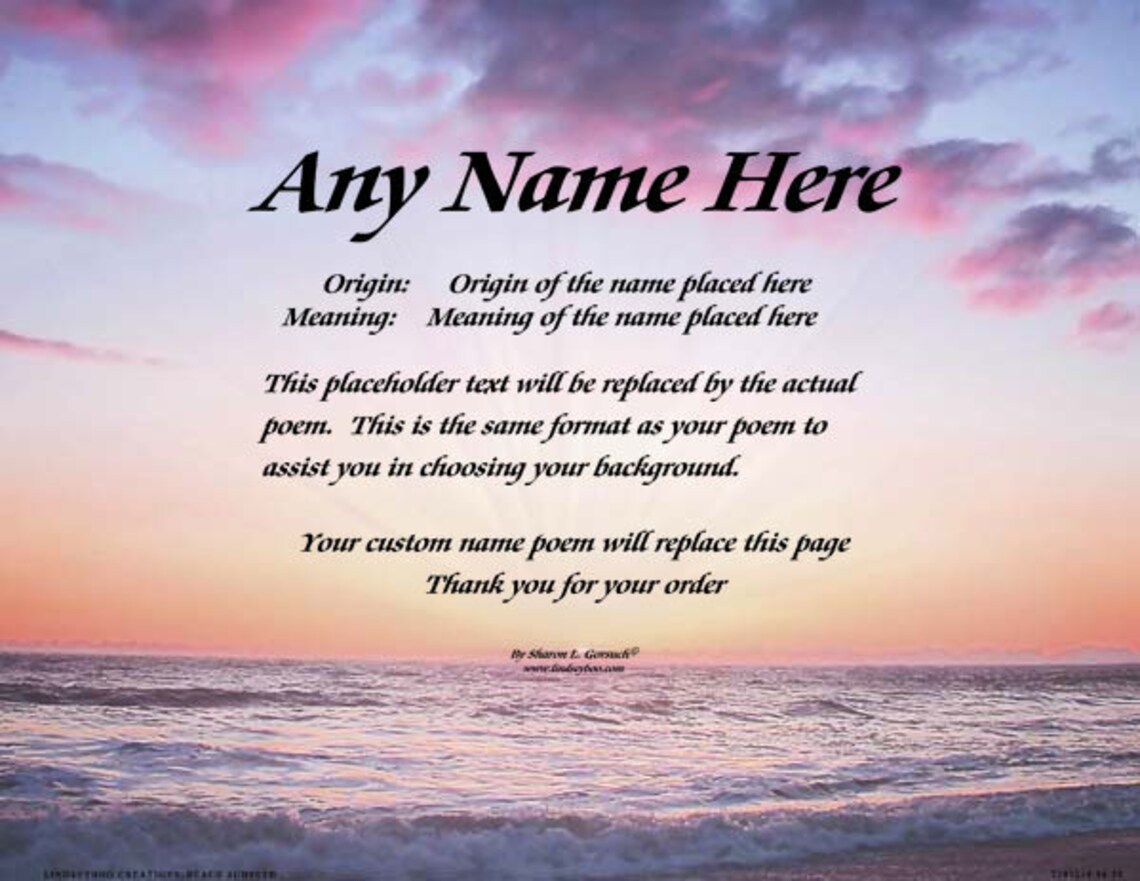 Personalized Name Poem Beach Sunset Background - Etsy