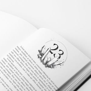 May include: A black and white illustration of a book page with the number 23 in a circle and a cluster of crystals below it. The text on the page is from the Lorem Ipsum text generator.