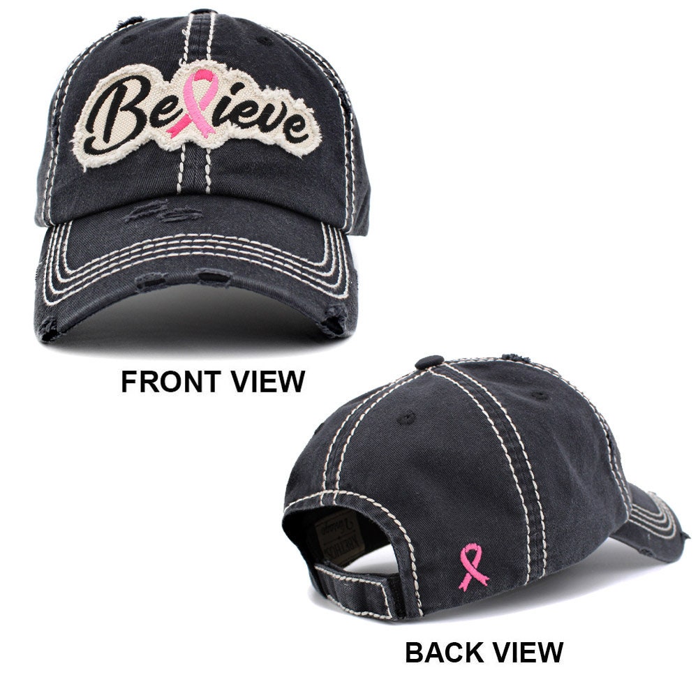 Denim Baseball Cap with Believe & Pink Crystal Ribbon Accent Hope Ribbon Bling Denim Hat – Yes I main image 4
