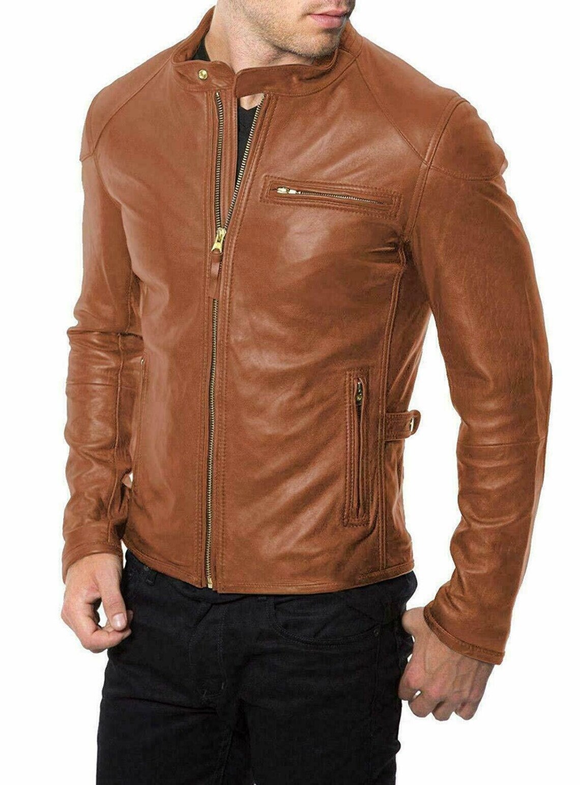 CLASSIC New Men's Gold Zipper Leather Jacket 100% Real Lambskin Stylish ...