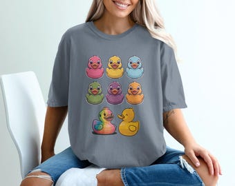 Colorful Rubber Ducks Graphic T-Shirt, Quirky Rainbow Print