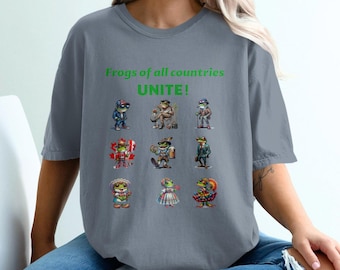 May include: A gray t-shirt with the text "Frogs of all countries UNITE!" and a graphic of frogs wearing different outfits representing different countries.