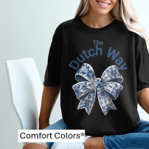 Vintage Bow Design Graphic Tee, The Dutch Wayl Bow T-Shirt, Retro Style Blue and White Bow T-Shirt, Floral Print Graphic Tee