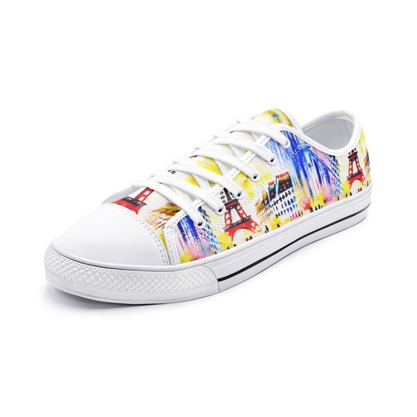 City of Lights Paris Neon Unisex Low Top Linen Shoes, Memories of Paris France, Pattern Wall Art