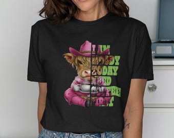 Zabawna koszulka z krową i kawą: Moody Farm Animal Graphic Tee