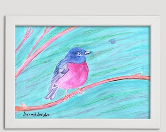 Charming Pink and Blue Bird on a Branch – Hand-Painted Watercolor and Gouache Art, Perfect for Home Décor – Instant Download