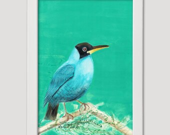 Blue Bird Watercolor Gouache Illustration Sage Green Printable Wall Art