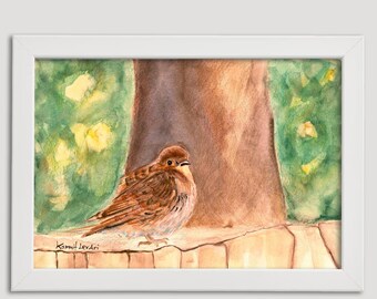 Rustic Sparrow in Nature’s Glow – High-Quality Digital Download of Original Mixed Media Watercolor Artwork