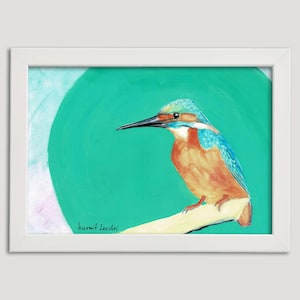 Tranquil Kingfishe bird in blue, turquoise and orange hues perched on a branch, bird poster Instant Download,  boho art work prints for sale
