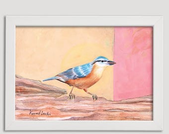 Blue and Orange Bird on a Soft Peach and Pink Background – Original Artwork Download Elegant Nature-Inspired Wall Art for Home or Office