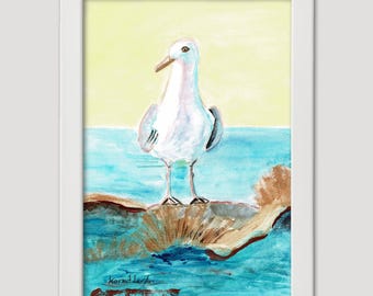 Seagull by the Shore – Watercolor and Gouache Art Inspired by Coastal Nature, hand painted illustration, beachy wall art, beach house decor.
