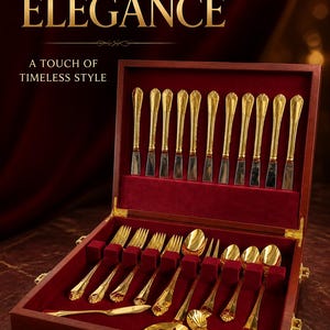 May include: A gold-toned flatware set arranged in a dark wooden storage box with a red velvet interior. The set includes knives, forks, and spoons. The text "GOLDEN ELEGANCE" and "A TOUCH OF TIMELESS STYLE" is printed in gold at the top of the image.