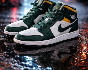 Air Jordon 1 Mid "Sonics" sneakers, yellow leather overlays size 7Y