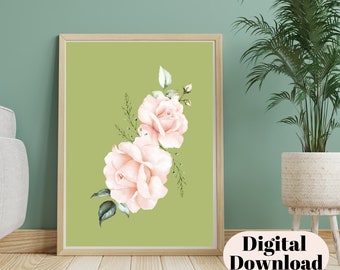 This Pink Roses with Green Leaves is an Instant Digital Print, It's a Pink Roses with Green Leave Art Printable, Downloadable Flower Art