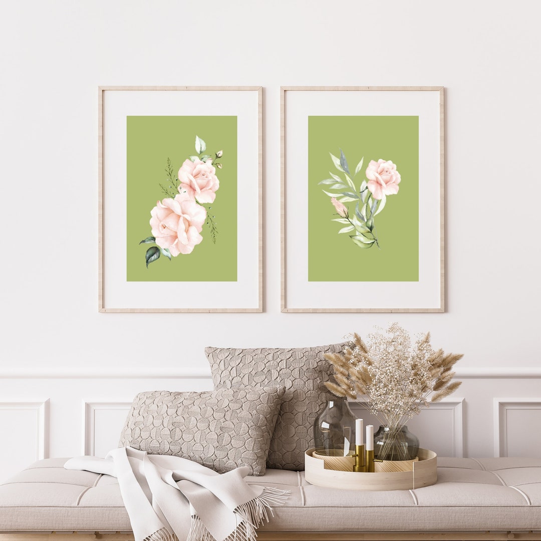 Blush Pink Rose Print Set: Sage Green Botanical Wall Art (digital ...