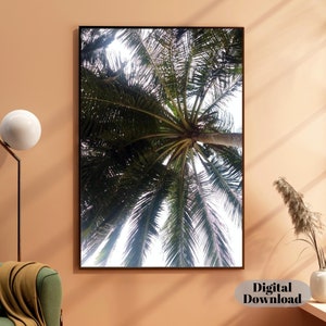 This Digital Download features a Palm Tree against a Blue-Gray Sky. It is a Puerto Rico Palm Tree Photography Instant Downloadable Print