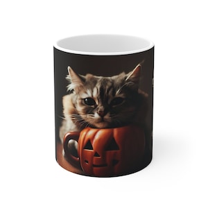 This Halloween Pumpkin Mug with Beige Cat and Text is on a Black Background, It&#39;s a Halloween Mug, Fall Coffee Mug, and Halloween Gift