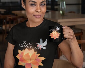 Blessed Graphic Print T-shirt, Dove Over Lily Pad Design T-shirt, Gift Tees For Her, Comfort Fit Tees, Crewneck Tee, Unisex Heavy Cotton Tee