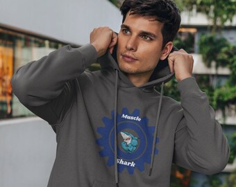 Muscle Hoodie, Shark Motif Pullover Hoodie, Hoodies For Gym, Gift Hoodie For Fitness Trainer, Unisex Heavy Blend Hooded Sweatshirt