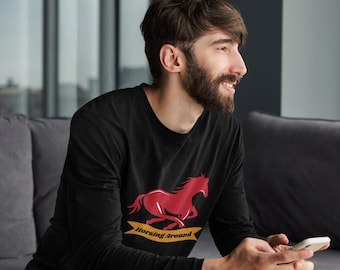 Horsing Around Print Long Sleeve Shirt, Graphic Design Shirt, Comfort Fit Long Sleeves, Men's Long Sleeve Crew Neck Casual Tee Shirt