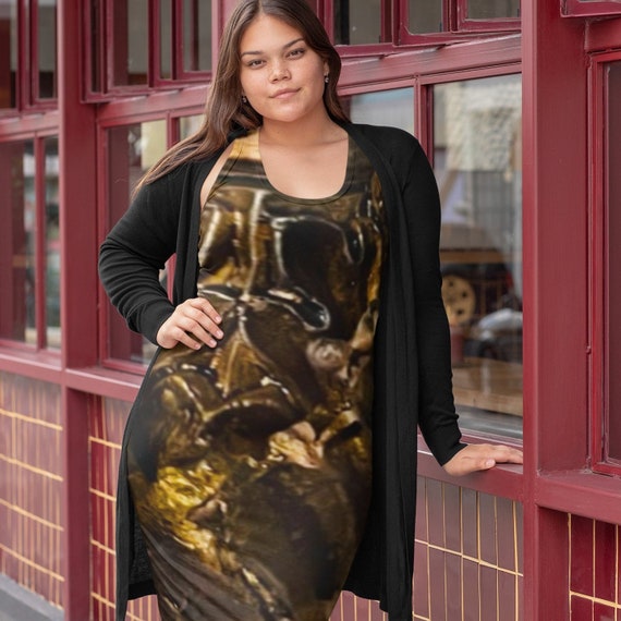 Racerback Gold Onyx Dress, Art Design Print Dress, Racerback Casual House Dress, Racerback Sorority Womens Tank Dress