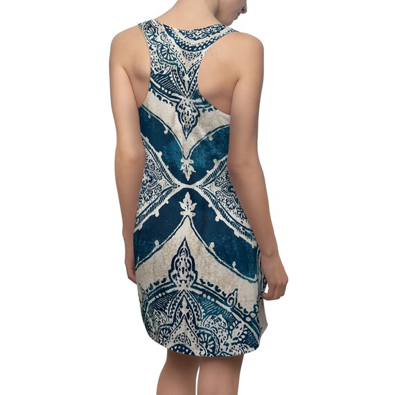 Racerback Blue Paisley Print Dress, Racerback Tank Dress, Racerback Sorority Dress, Casual Coverup Dress
