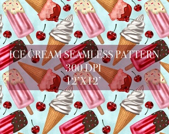 Summer Ice cream Seamless Digital Pattern, Digital Paper, Summer Patterns, Ice cream Backgrounds, ice cream fabric, cherry digital paper