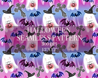 Halloween ghost seamless pattern, Spooky pink and blue seamless pattern, Spooky seamless pattern, Halloween cute ghost digital paper