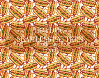 Hotdog Seamless Digital Pattern, Hotdog Digital Paper, Food Patterns, Hotdog Backgrounds, Hotdog digital paper