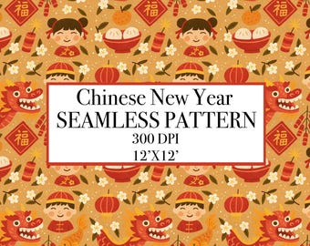Chinese New Year Dragon Seamless Pattern, Asian Spring Festival Digital Paper (300 DPI)