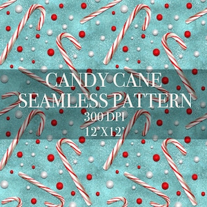 Puede incluir: Un patrón sin costuras con bastones de caramelo rojo y blanco y adornos de perlas rojo y blanco sobre un fondo turquesa. El texto "CANDY CANE SEAMLESS PATTERN 300 DPI 12'X12'" se muestra en el centro de la imagen.