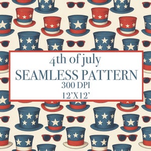 Op de afbeelding: Naadloos patroon met een patriottisch thema. Het ontwerp toont illustraties van Uncle Sam-hoeden in rood, wit en blauw, afgewisseld met zonnebrillen. De tekst "4th of July SEAMLESS PATTERN" wordt weergegeven in een witte rechthoek.