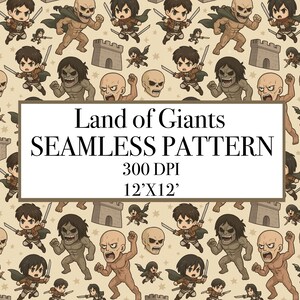 以下が含まれることがあります： 茶色、タン、ベージュの色合いで、漫画のキャラクター、タイタン、城のイラストが描かれたシームレスパターン。テキスト「Land of Giants SEAMLESS PATTERN」が表示されています。 パターンは30.48cm x 30.48cmです。
