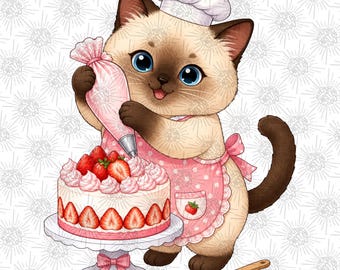 Baker Cat PNG, Strawberry Cake Kitty Sublimation Design (Digital Download)